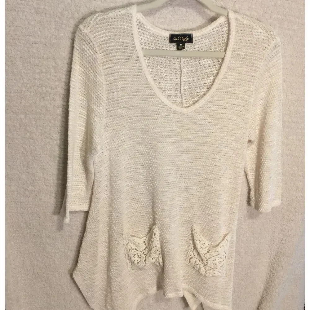 Cal Style usa Women's Knit top Tunic 3/4  sleeve pockets cream M